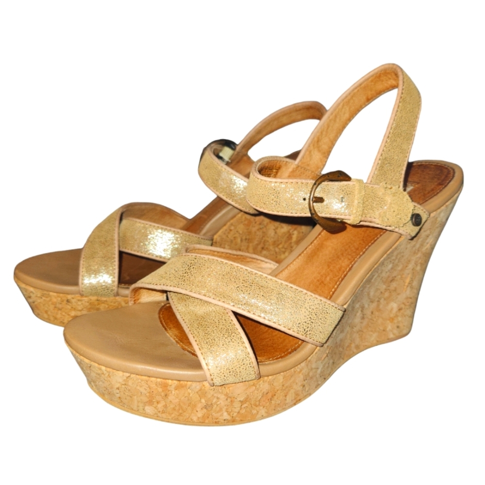 UGG Chestnut Gold Coast Jazmine Metallic Gold Wedge Cork Sandal Suede Size 10